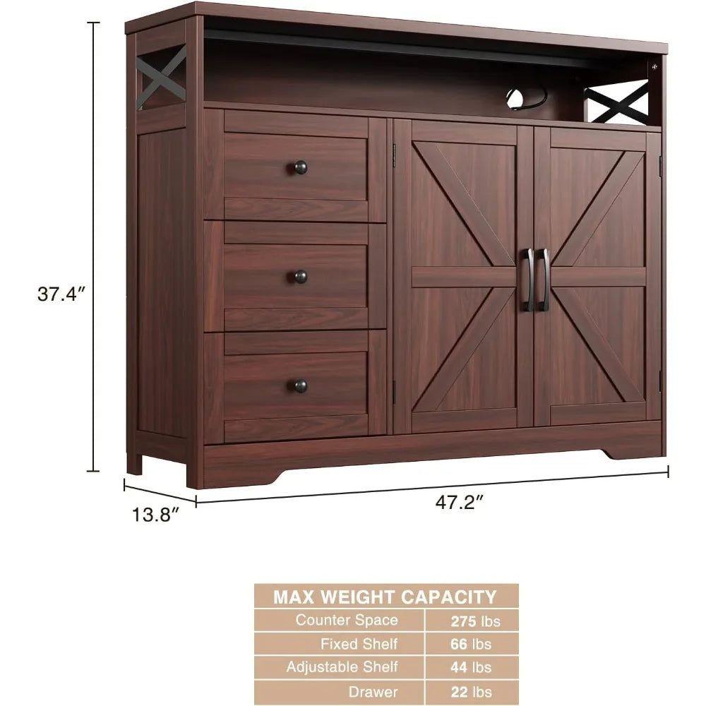 47 Inch Dark Brown Farmhouse Storage Cabinet with Barn Doors and Drawers