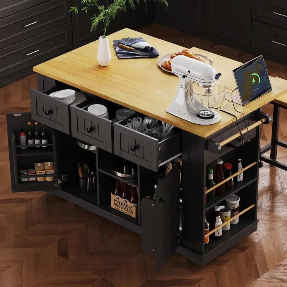 Kitchen Storage Island on Wheels with Drop Leaf Power Outlet Rolling Cart