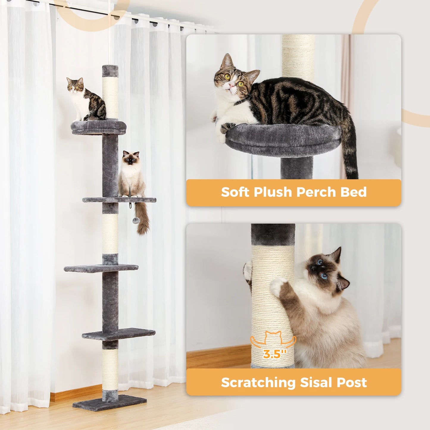 Adjustable Height Cat Tree Indoor Floor to Ceiling Tower Scratching Post