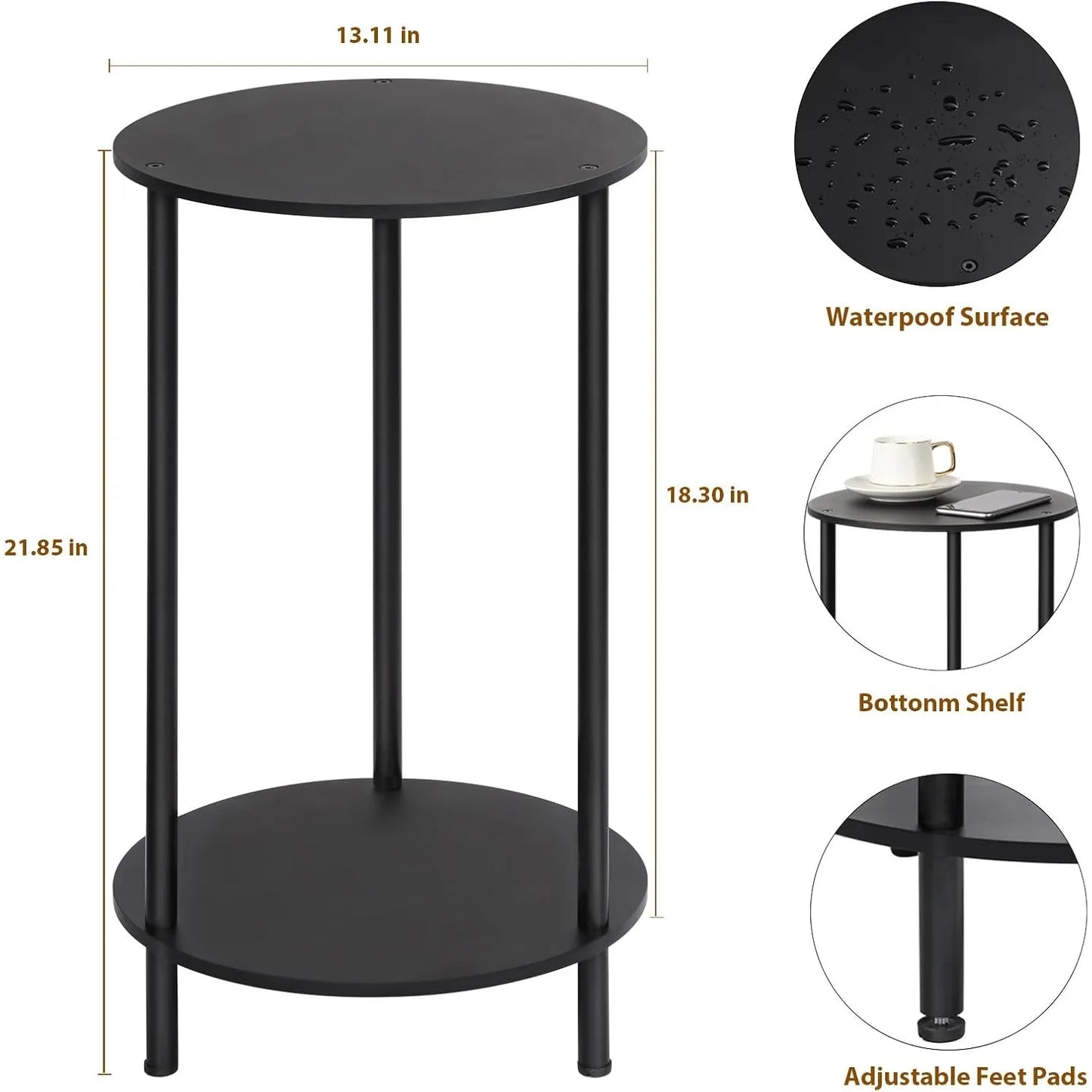 Set of 2 Round End Tables 2-Tier Farmhouse Night Stands Storage Shelves