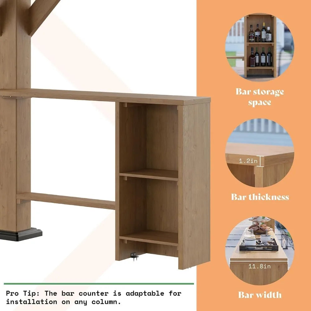 13x15 ft Spruce Wood Gazebo Outdoor Pavilion with Bar Storage
