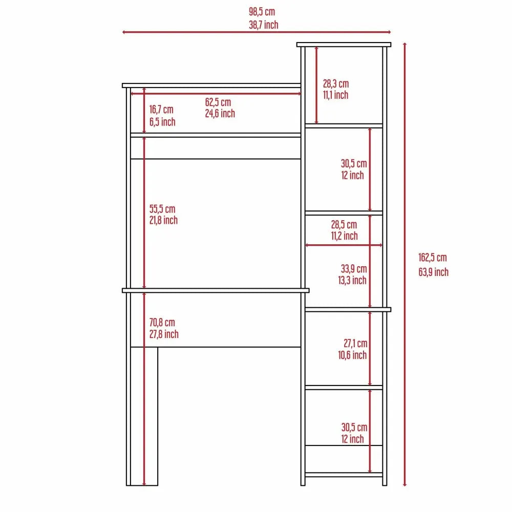 Smokey Oak Writing Desk with Built-in Bookcase and 6 Shelves