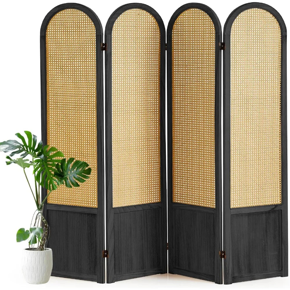 Hand-Woven Rattan Room Divider Folding Privacy Screen 5.6 Ft 4 Panels