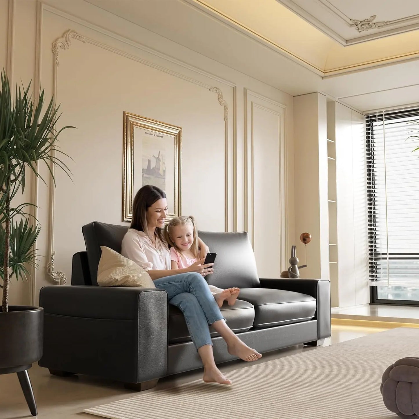 Mid Century Modern Faux Leather Loveseat Sofa with Side Pockets