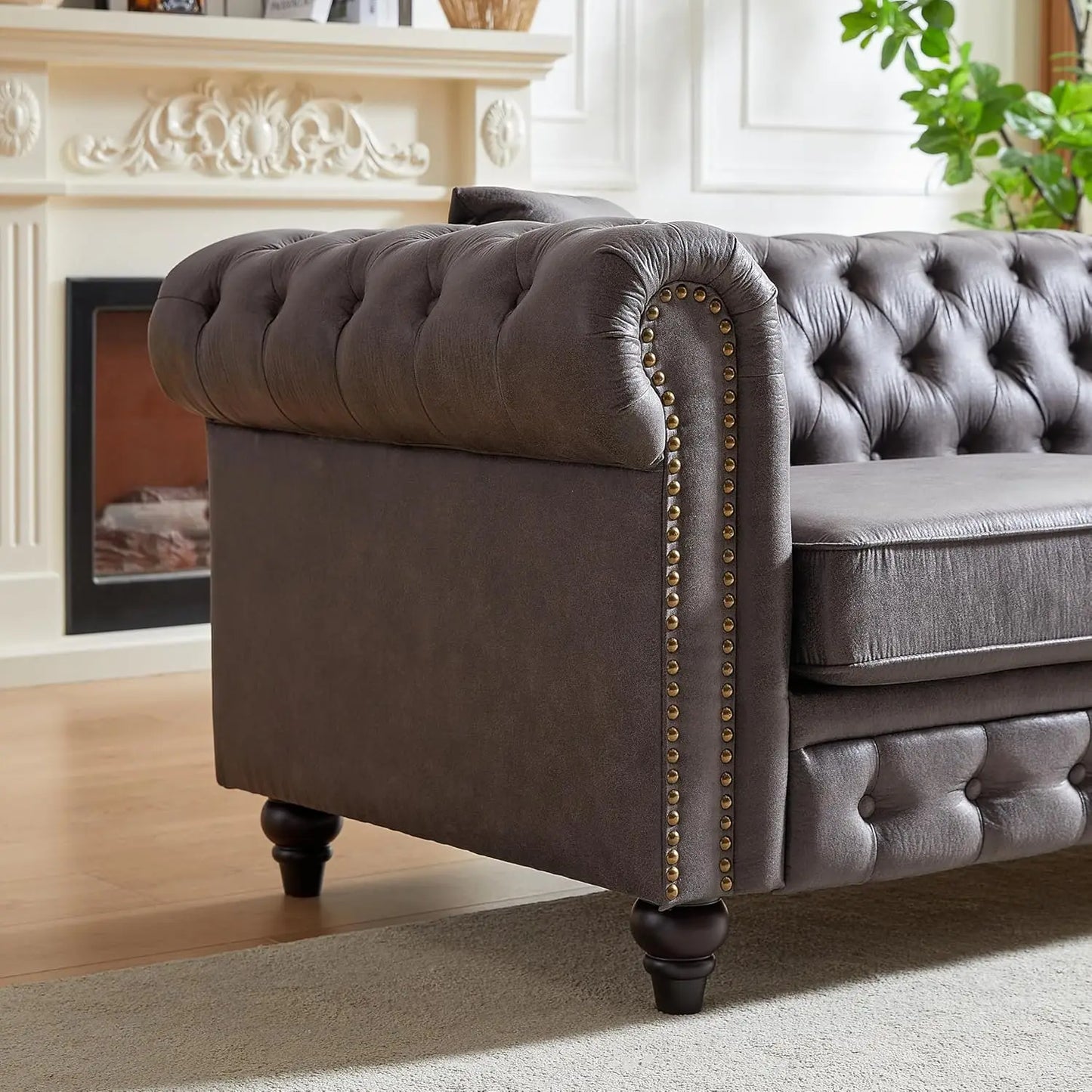 Ljustra Rolled Arm 3-Seater Sofa Couch with Nailhead Trim and Pillows