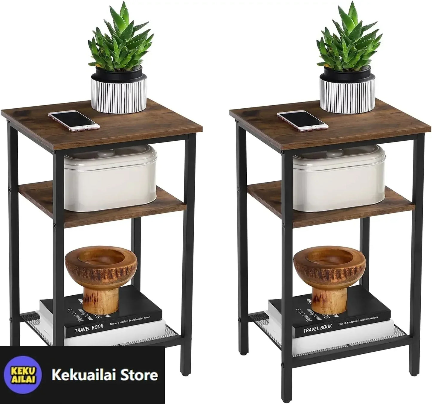 End Table Set of 2 3-Tier Nightstands Steel Frame Easy Assembly