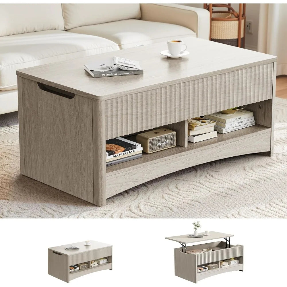 Amada Coffee Table Fluted Lift Top Storage Modern Rectangle Table