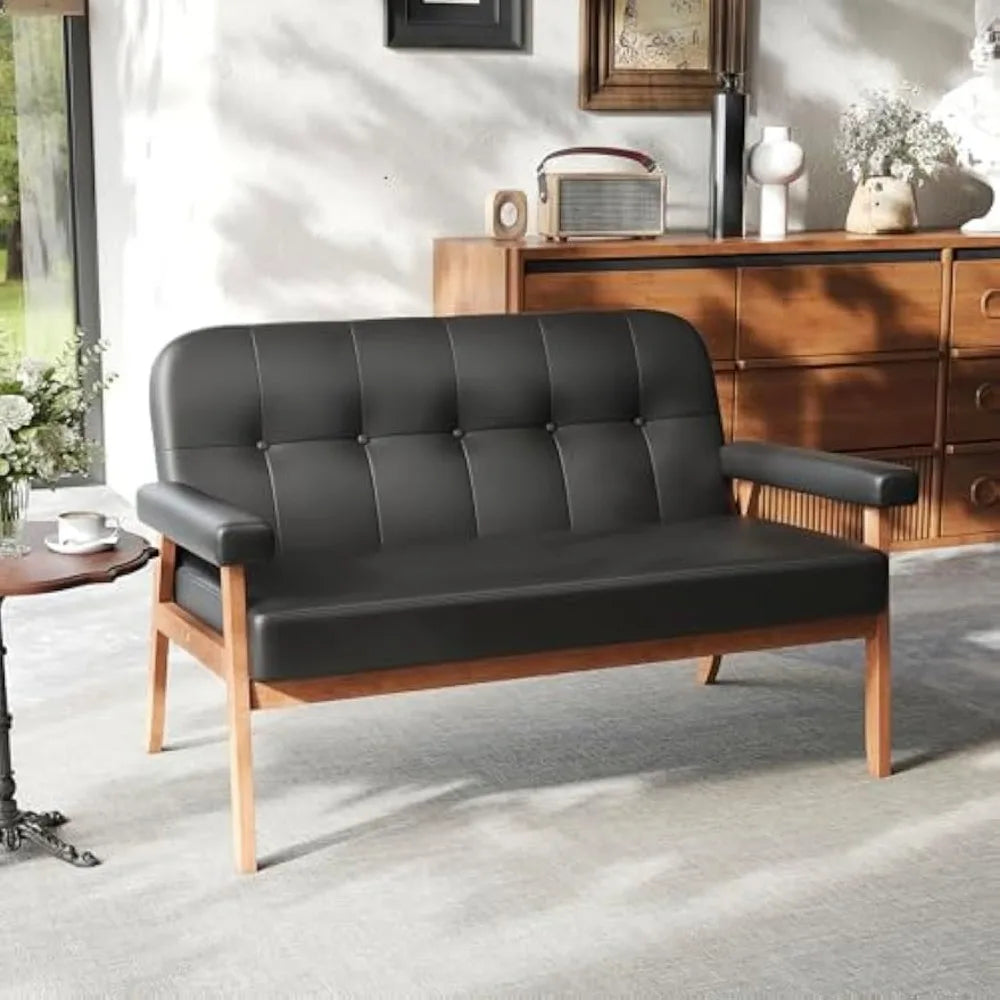 Black Faux Leather Loveseat Small Office Couch Mid Century Modern Sofa