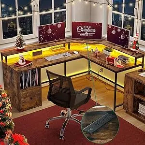 L Shaped Desk with Power Outlets LED Lights File Drawer Home Office