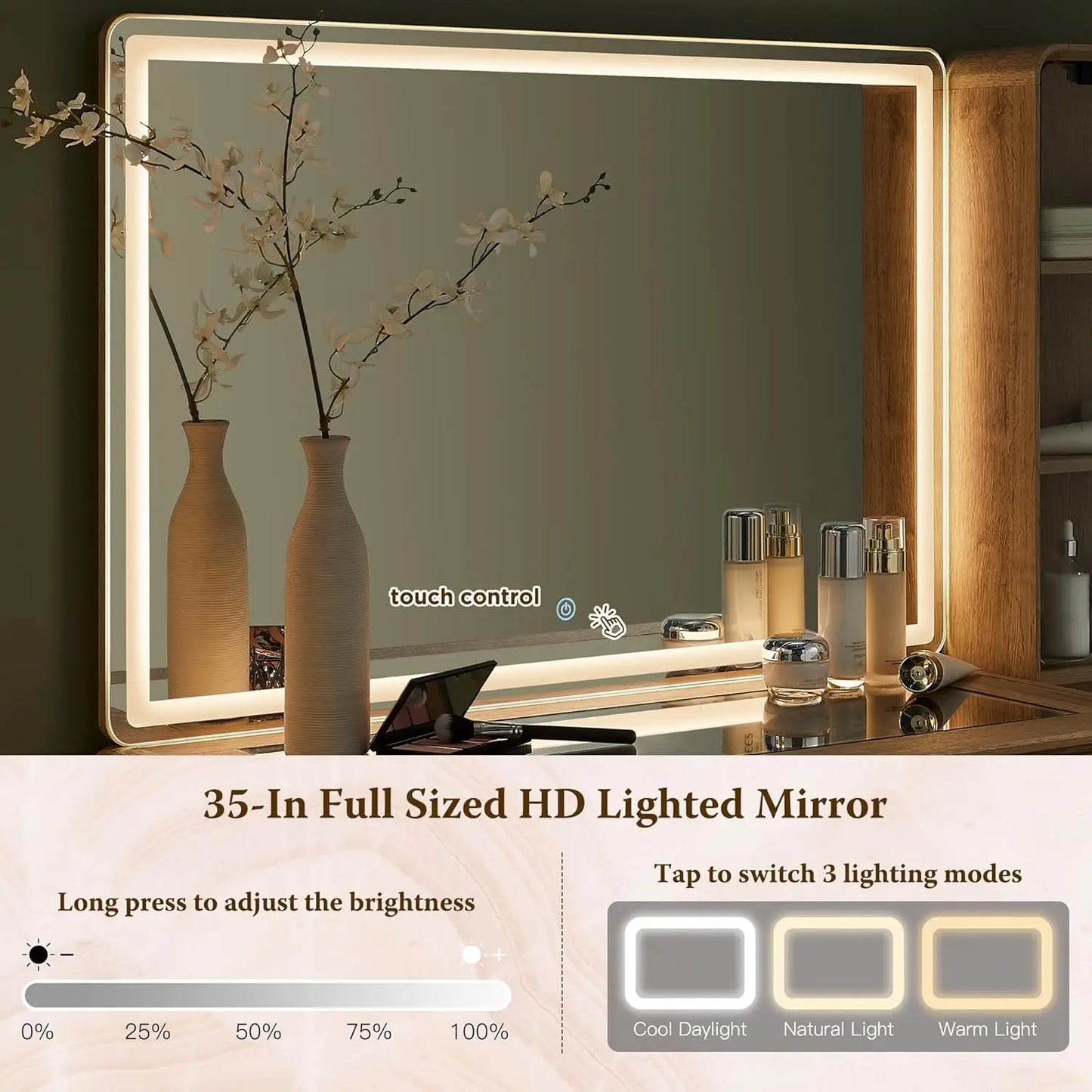 Fluted Makeup Vanity Desk with 35" Lighted Mirror and 5 Drawers