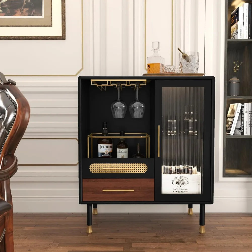 Modern Coffee Bar Cabinet with Wine Glass Rack and Drawers Storage