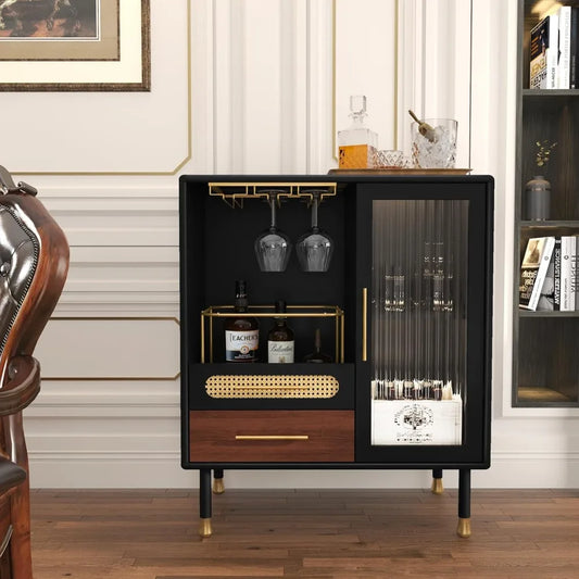 Modern Coffee Bar Cabinet with Wine Glass Rack and Pull-Out Storage