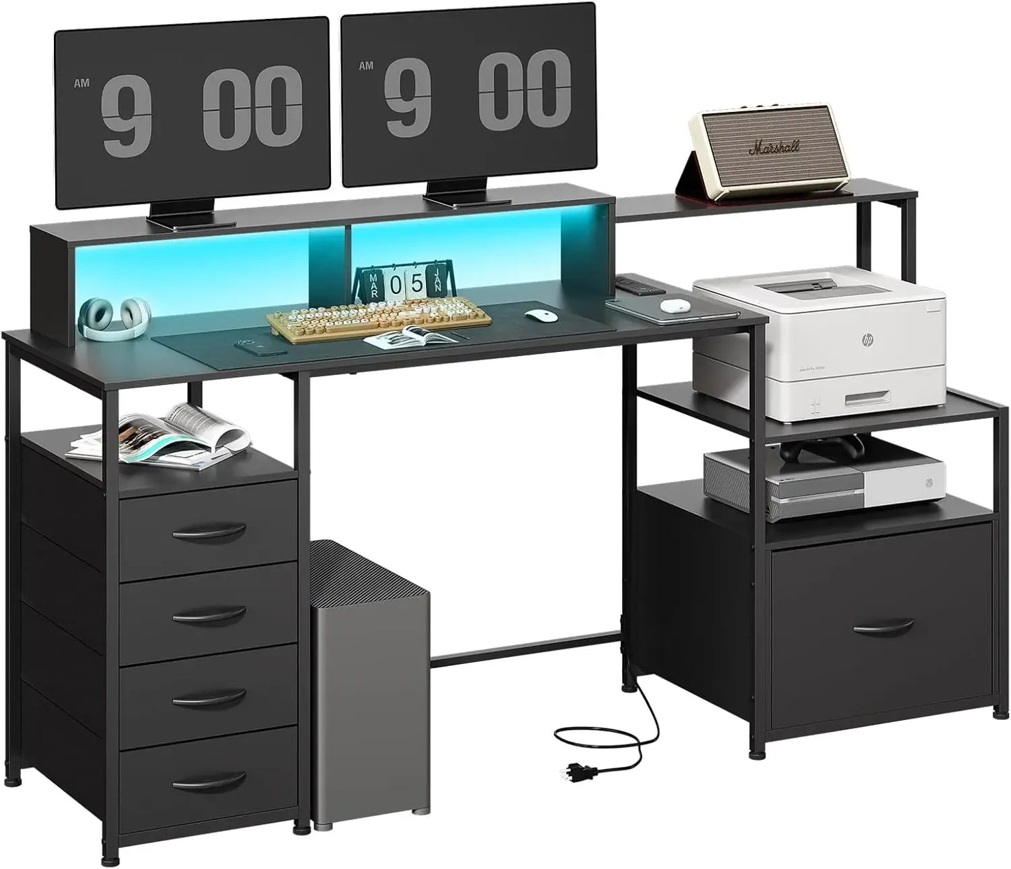 67 Inch Modern Computer Desk with Drawers Power Outlet LED Lights Gaming