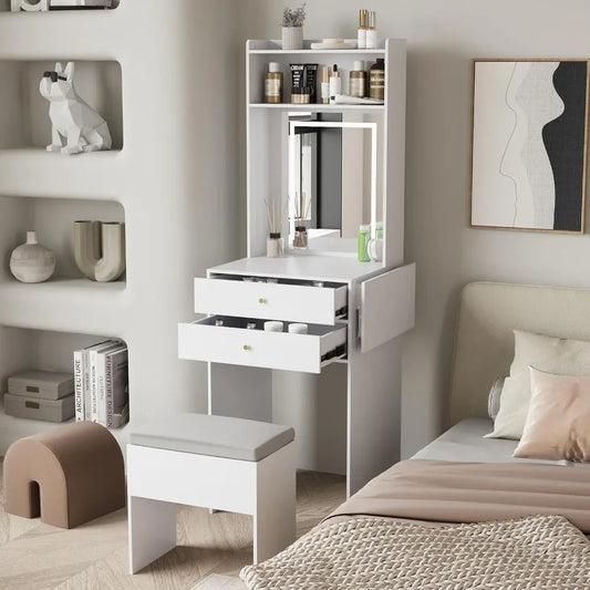 Small Vanity Desk Set with Lighted Mirror Storage Chair for Makeup