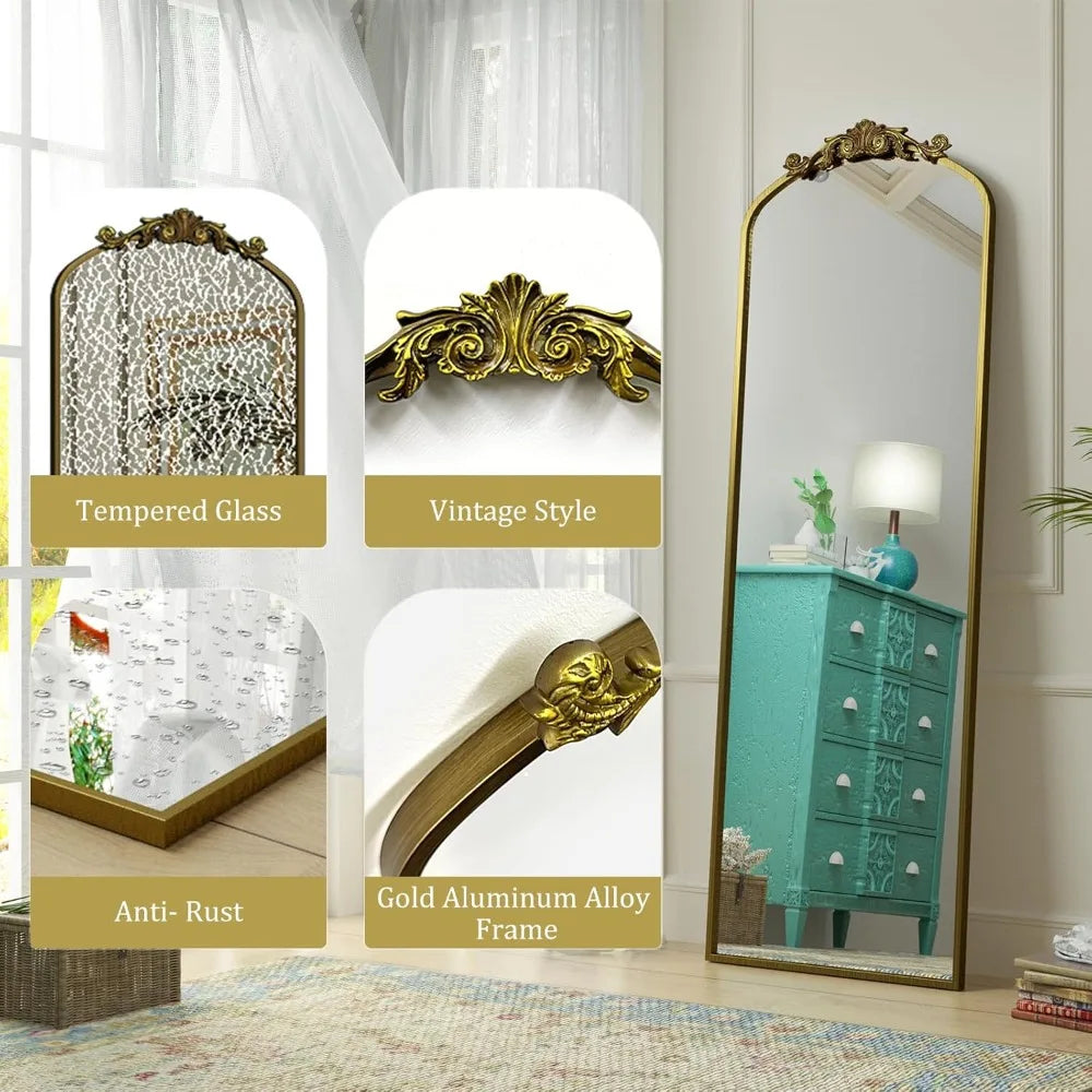 Vintage Gold Arched Floor Mirror Baroque Style Wall-Mountable Shatter-Resistant