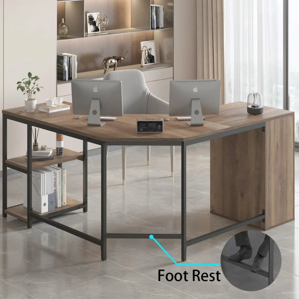 Rustic L Shape Computer Desk with File Cabinet Reversible Corner Desk