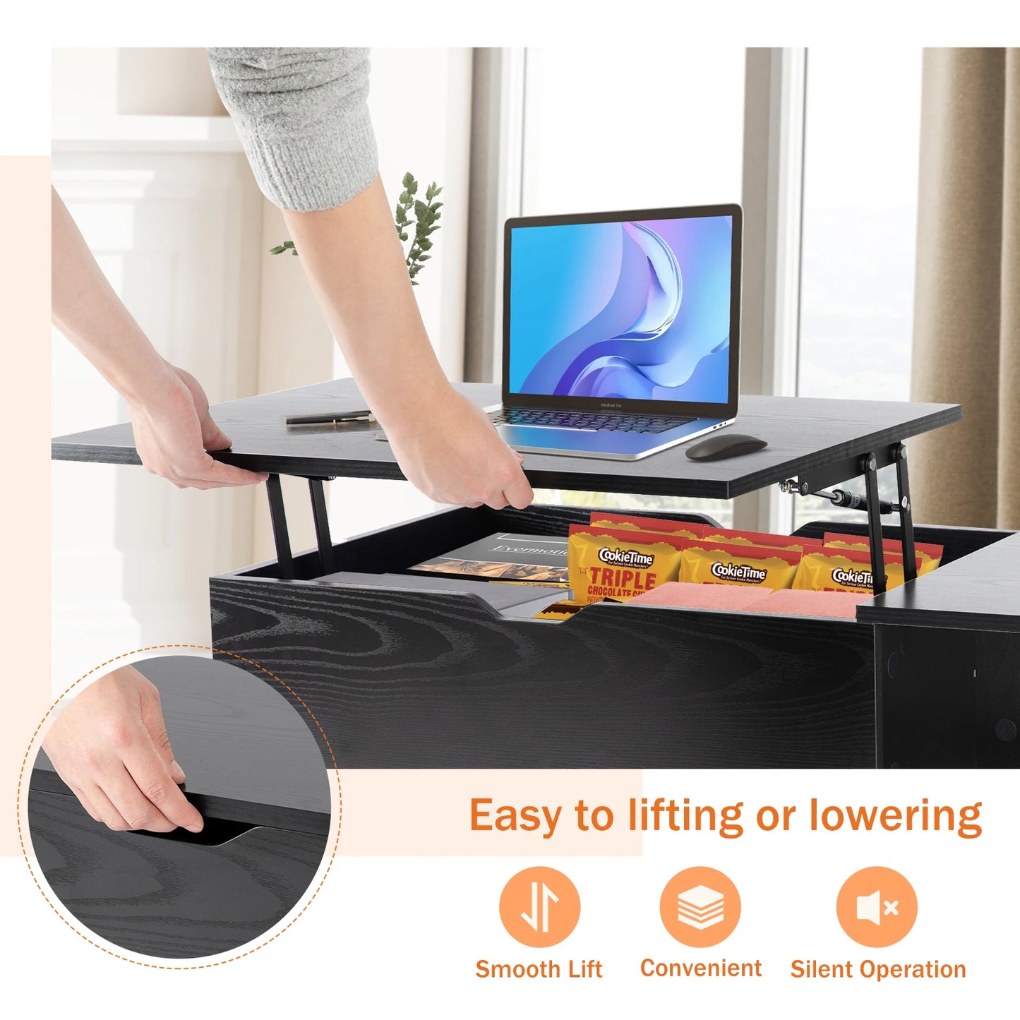 Ljustra Lift Top Coffee Table Modern Adjustable Storage Living Room 39.37"x19.7"