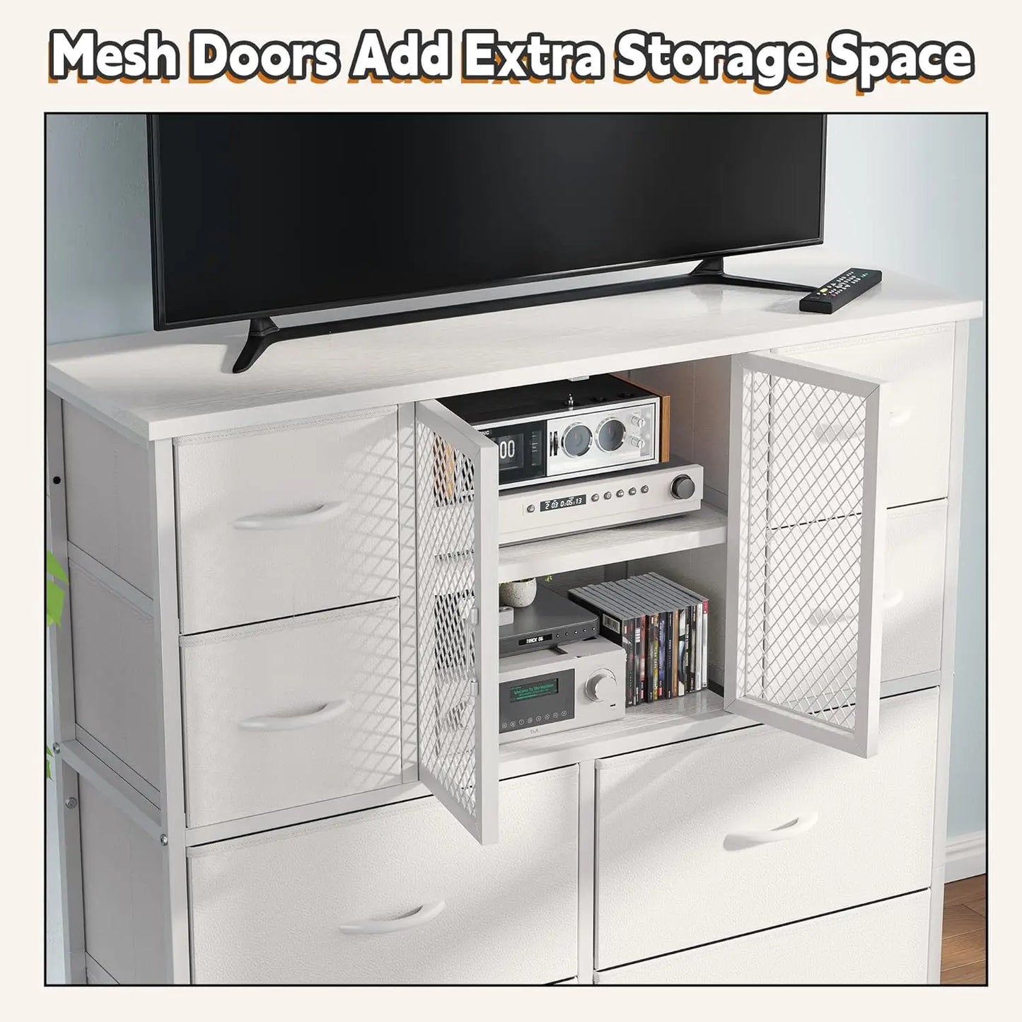 White Dresser Bedroom Organizer Tall Chest with 10 Fabric Drawers