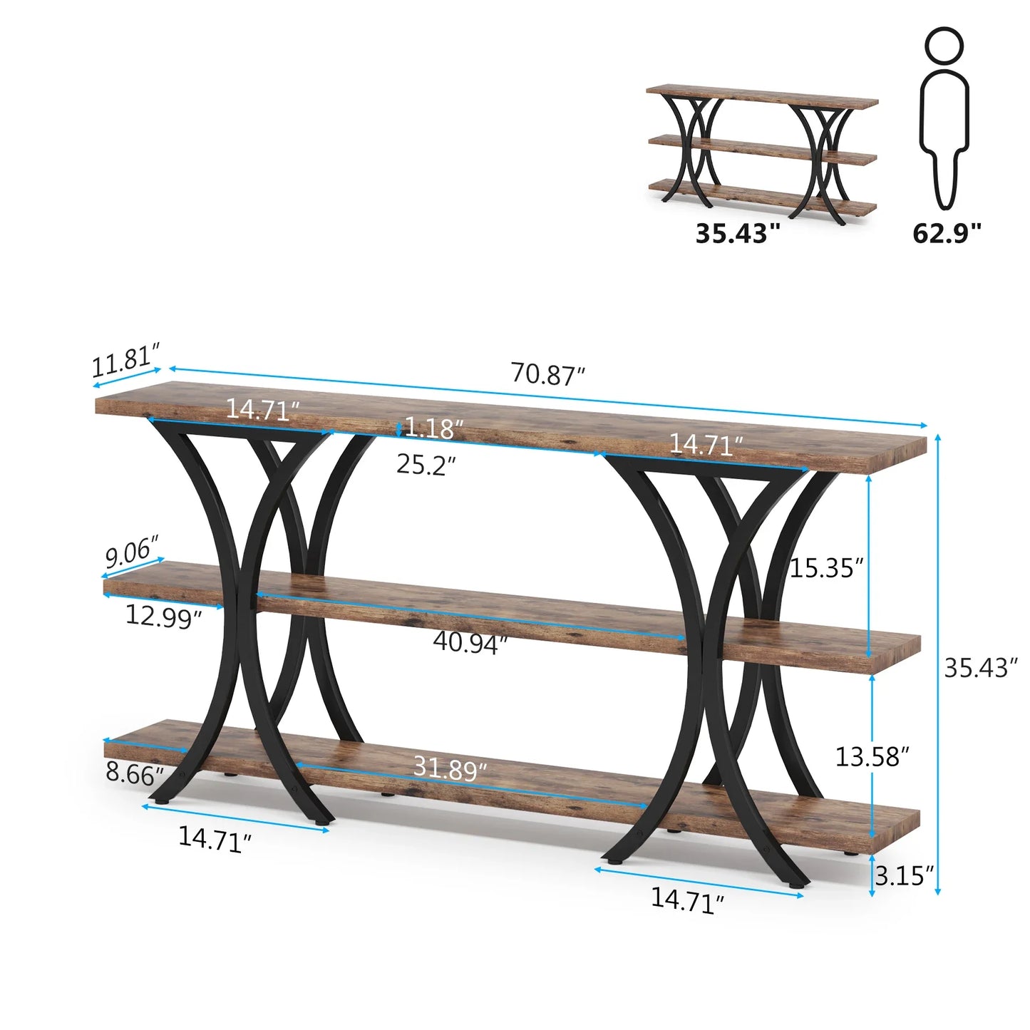 Ljustra 70.8 Inch Narrow Console Table Long Entry Table with 3 Shelves