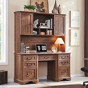 Farmhouse Executive Desk with Hutch Keyboard Tray Charging Station 59"