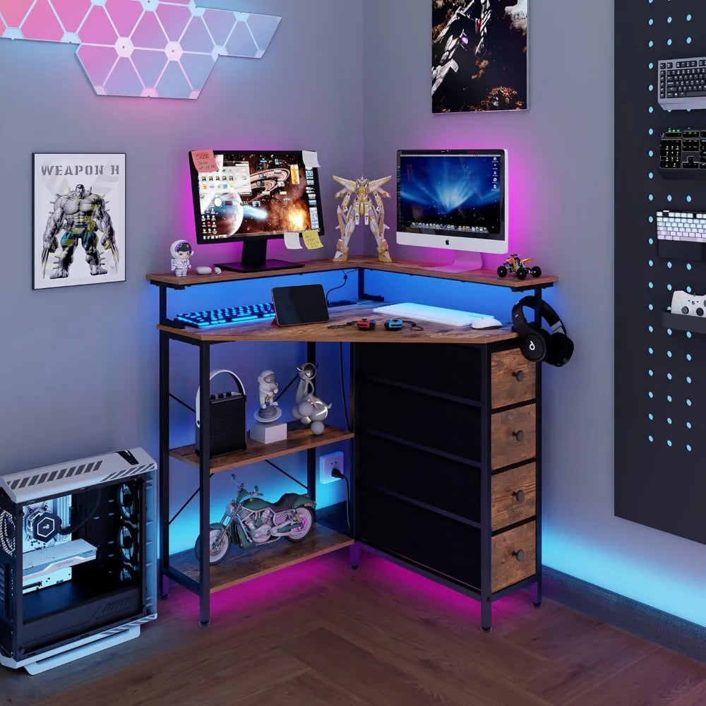 Corner Desk with Drawers Shelves Triangle Computer Desk LED Light