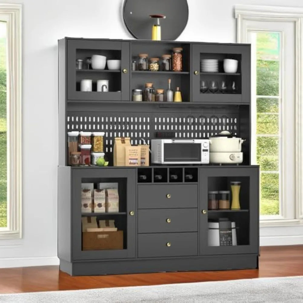 Kitchen Hutch Cabinet Freestanding Buffet with Pegboard Cup Holder Storage