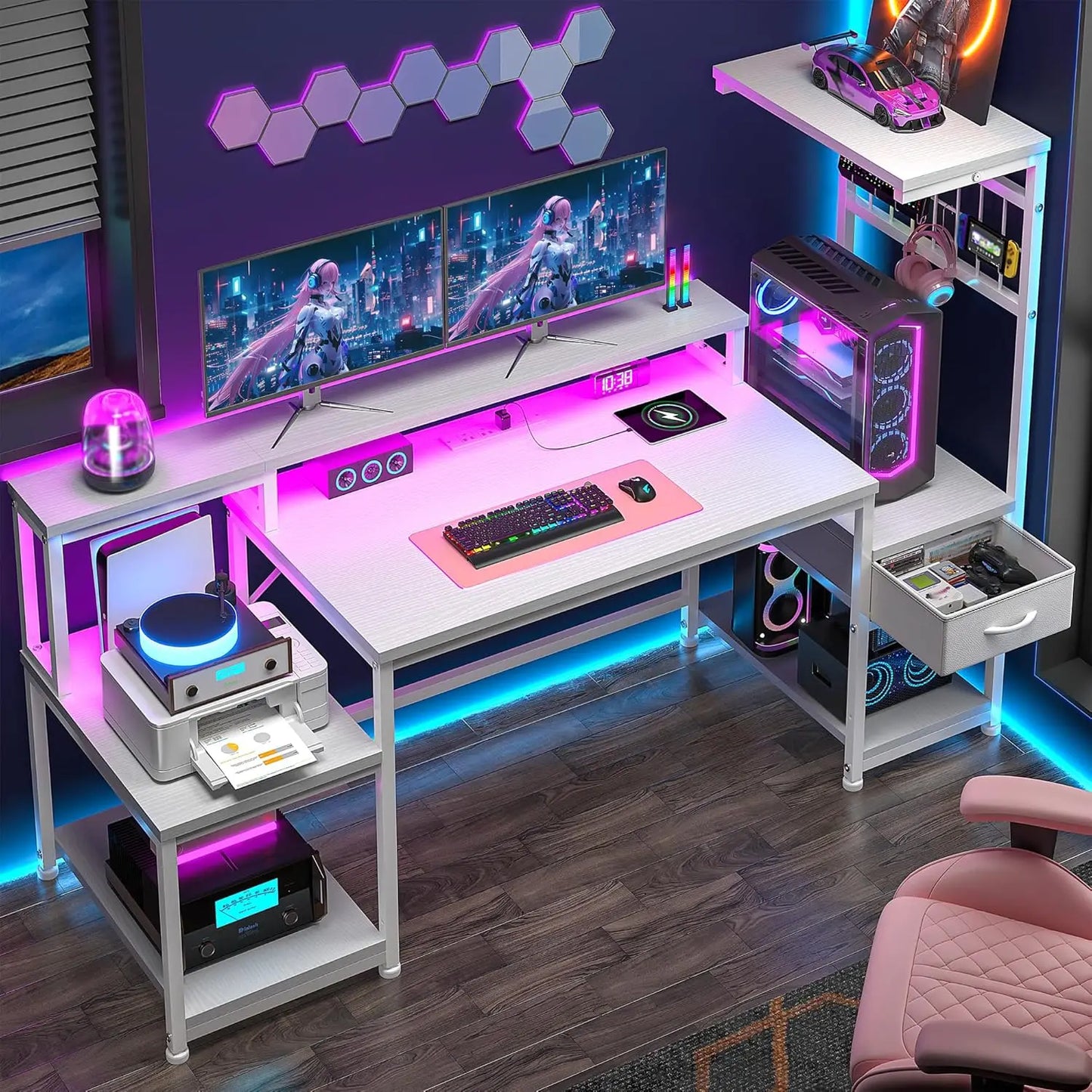 55 Inch Gaming Desk with LED Lights and Outlets Computer Desk Storage