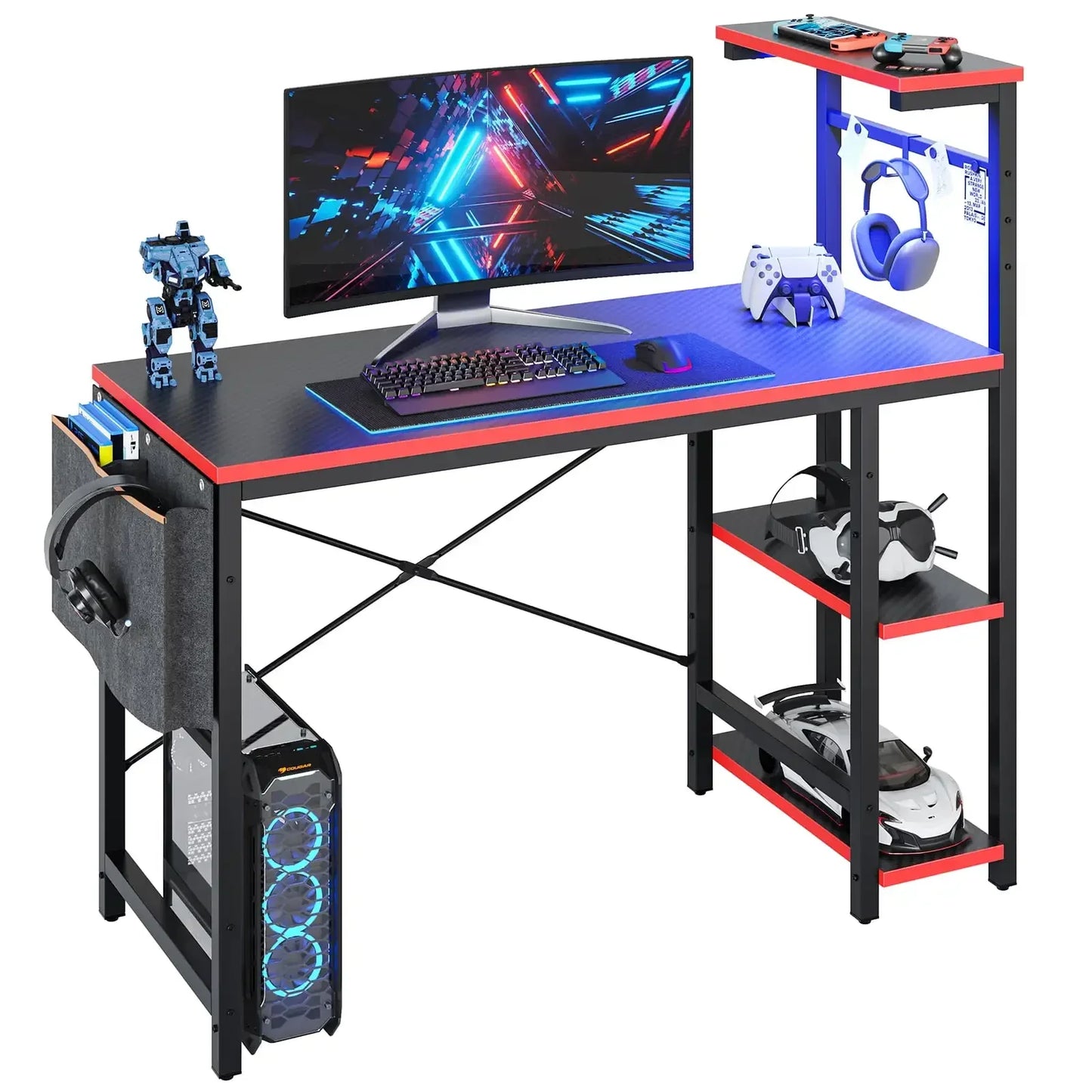 Computer Gaming Desk 44 Inch with LED Lights Reversible Shelves Carbon Fiber