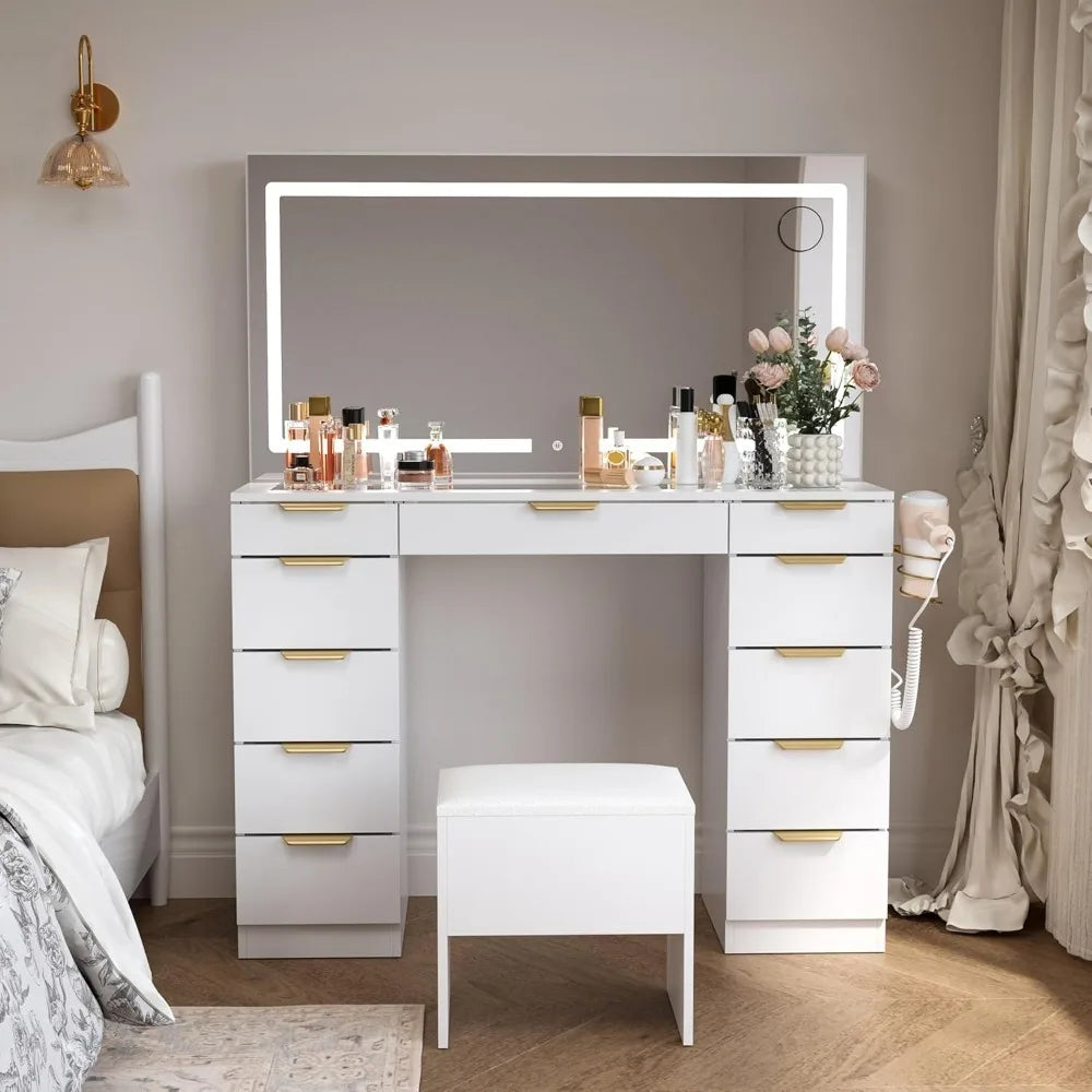 Ljustra Glass Top Vanity Desk with Mirror and Lights 11 Drawers Stylish Design