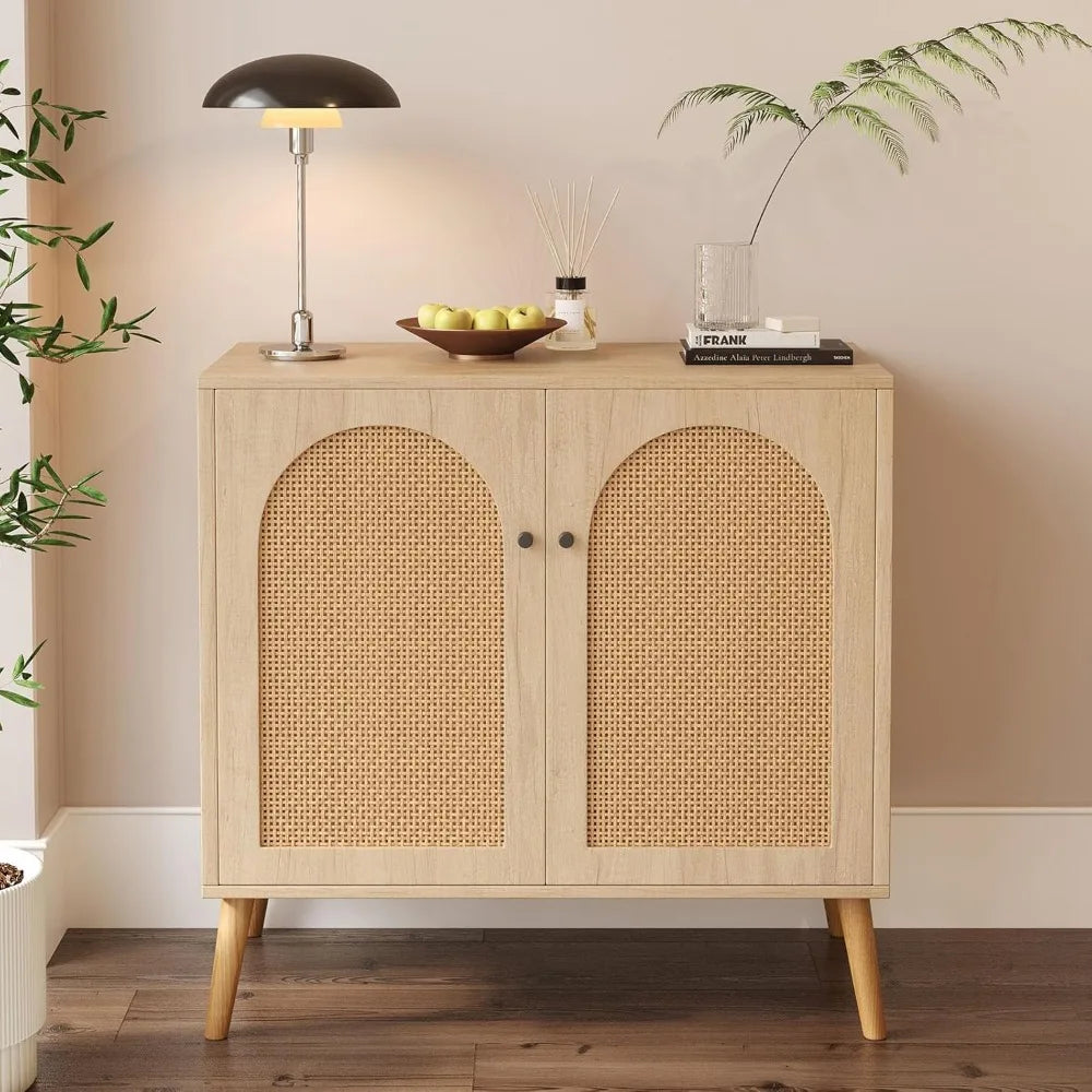 Storage Cabinet Rattan Doors Oak Buffet Sideboard Adjustable Shelf