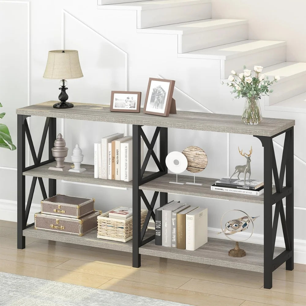 Long Entryway Console Table Industrial Wood Metal 3 Tier Storage Shelf