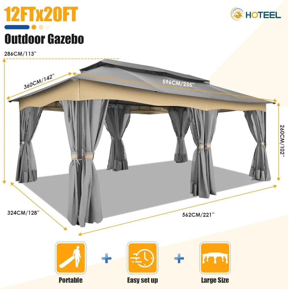 12x20 Outdoor Gazebo with Privacy Curtains Mosquito Netting Metal Frame