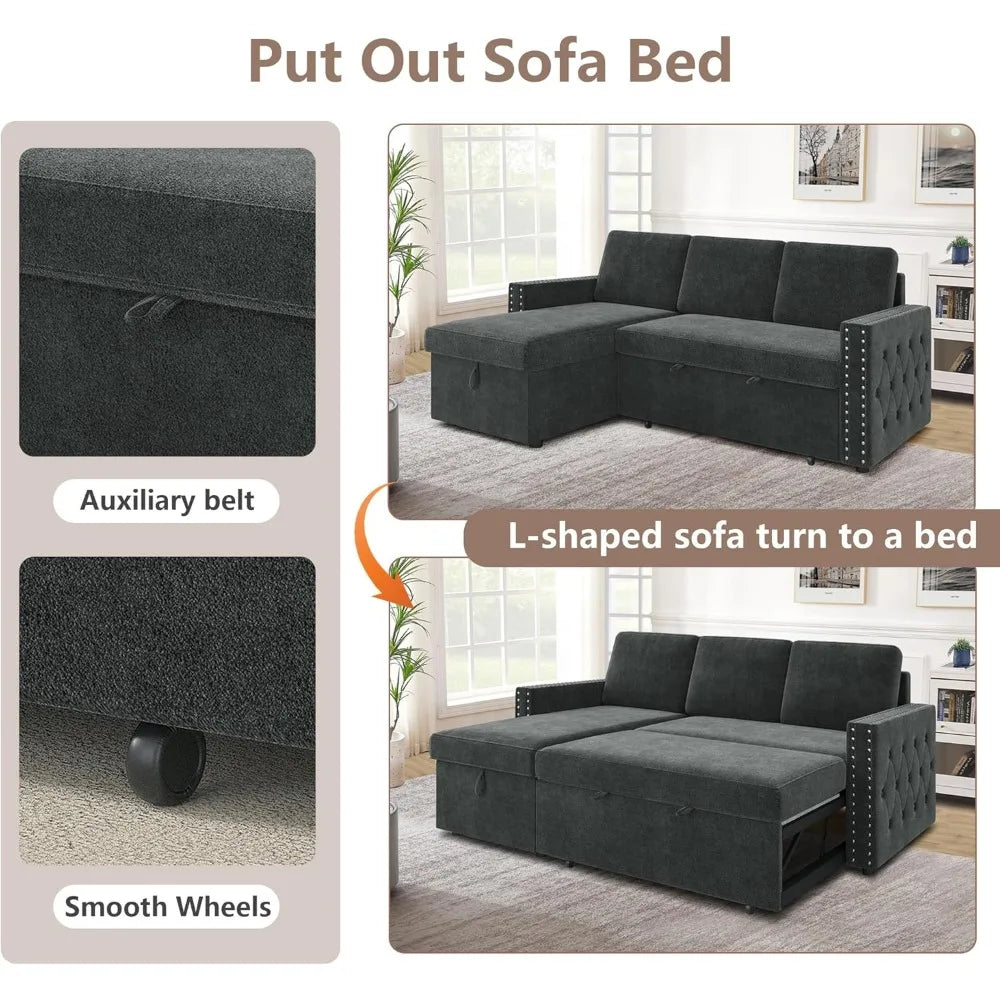Reversible Sleeper Sectional Sofa Tufted Chenille L-Shaped Couch