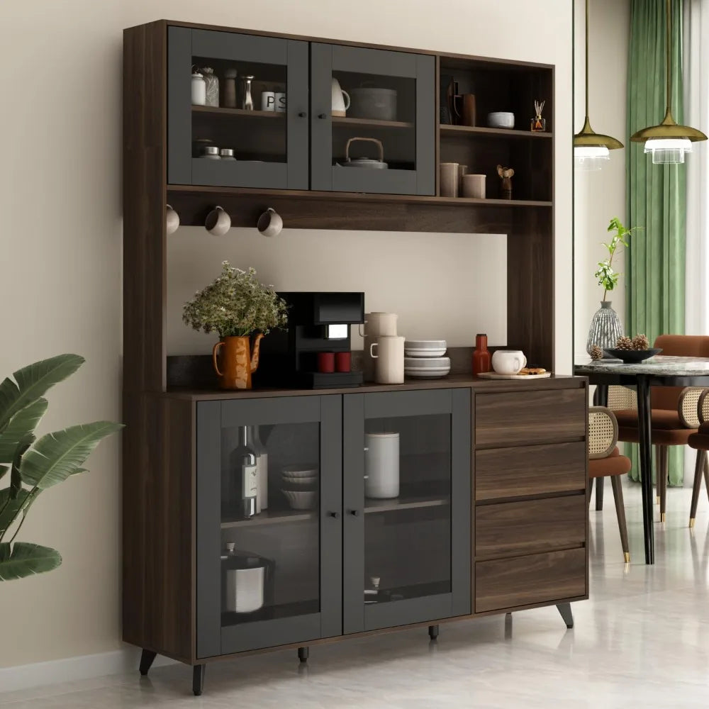Tall Kitchen Pantry Cabinet with 4 Drawers Doors Microwave Stand