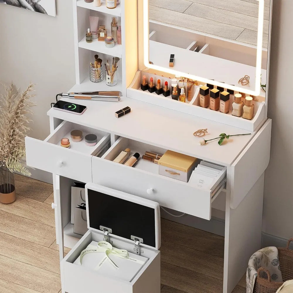 Makeup Vanity Desk with Mirror LED Lights Charging Station White