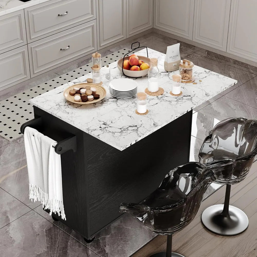 Rolling Kitchen Island Cart with Storage Drop Leaf Marble Top on Wheels