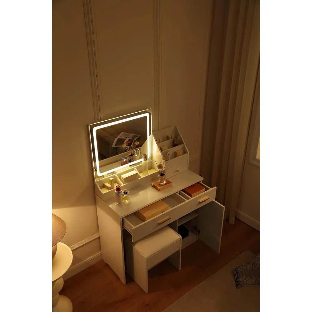 Ljustra Vanity Desk with Lighted Mirror and Makeup Organizer Comfy Chair