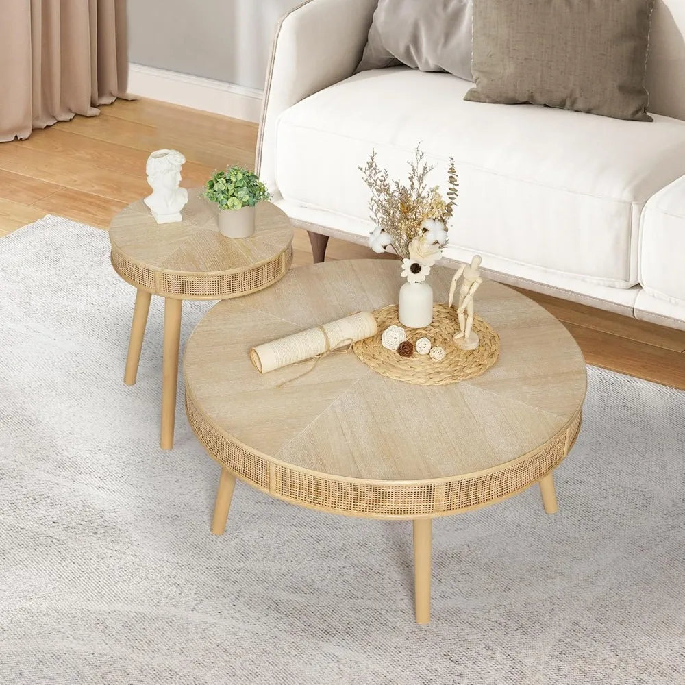 Farmhouse Round Coffee Table Rustic Nesting Table Set for Living Room