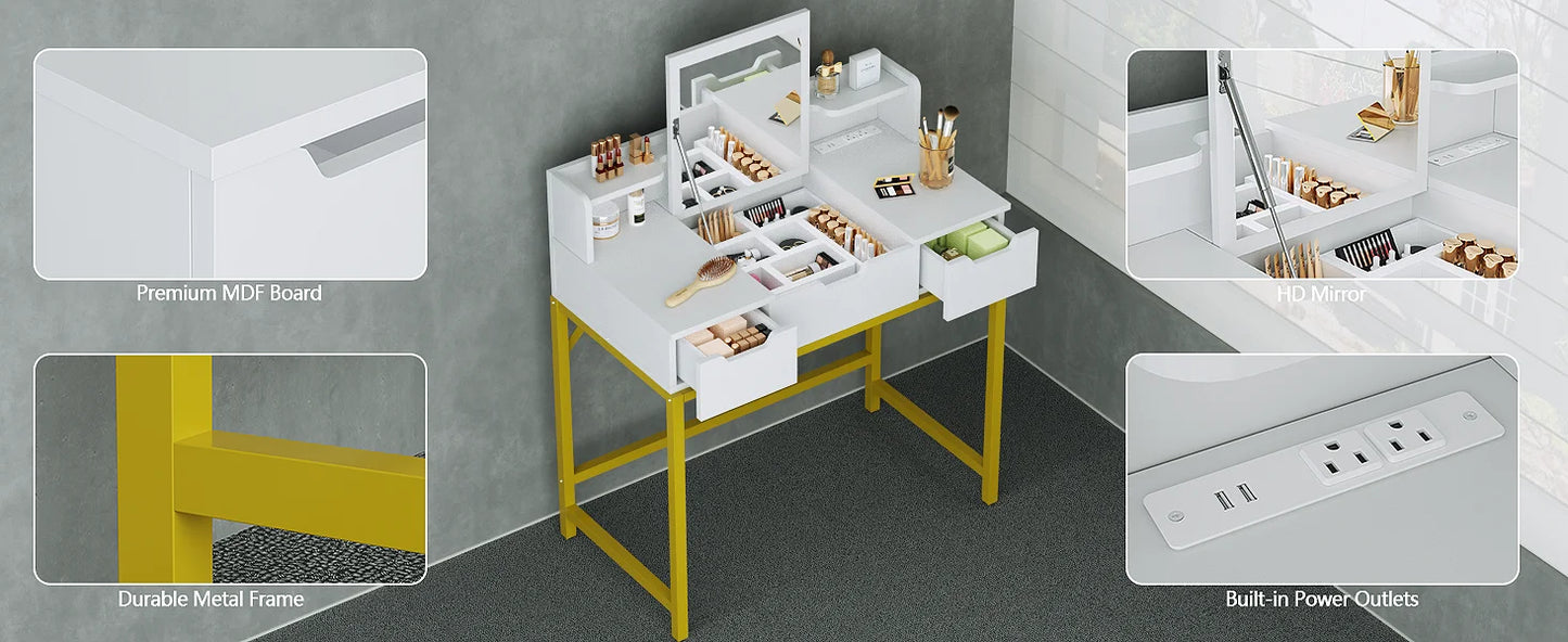 Satifur Vanity Desk with LED Mirror Power Outlets Makeup Stool Set