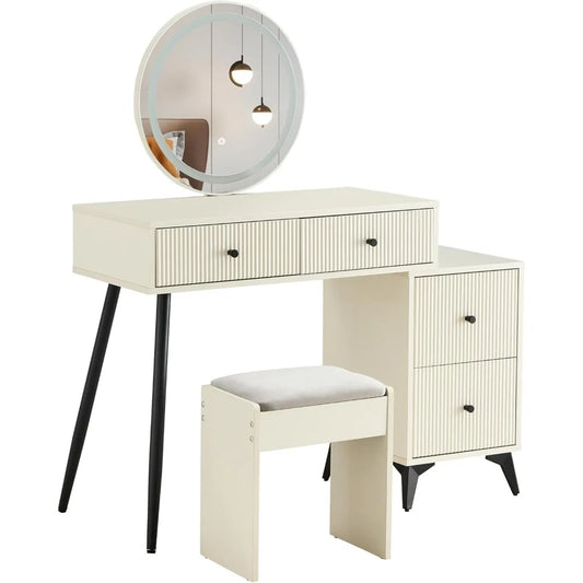 Fluted Makeup Vanity Desk with LED Mirror Adjustable Lights Modern