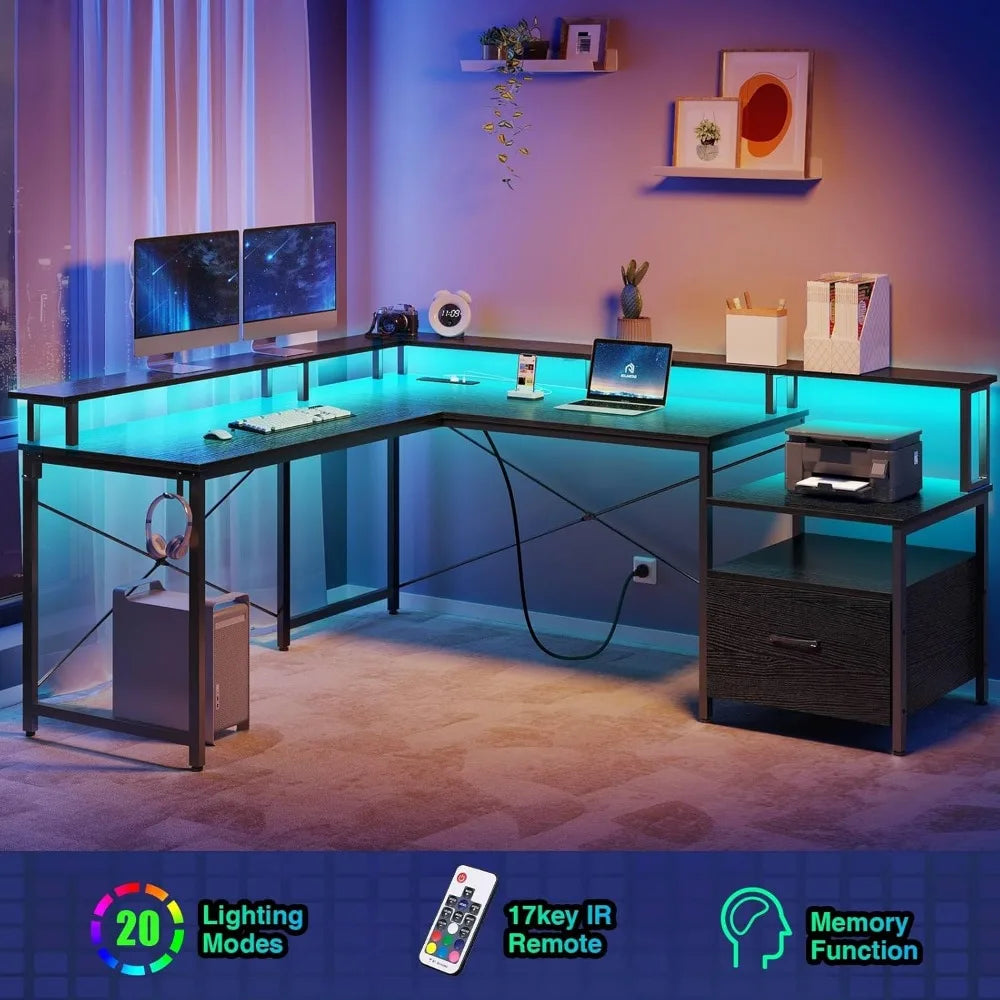 L Shaped Computer Desk with File Drawer Power Outlet LED Strip