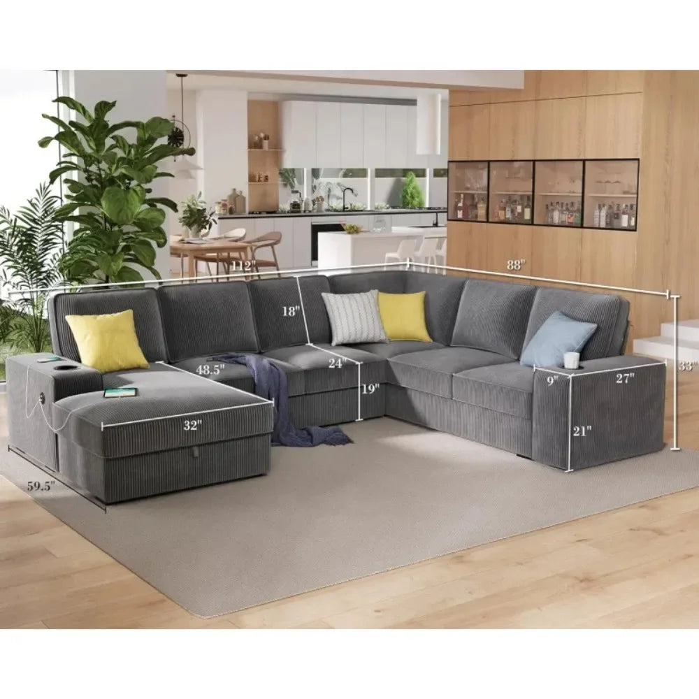 112 Inch U Shaped Sectional Sofa with USB Ports and Storage Chaise