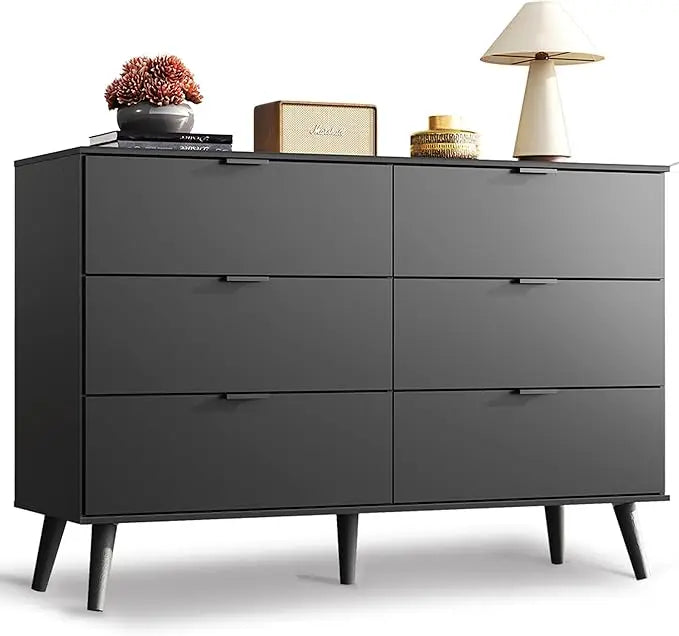 Black Dresser 6 Drawer Modern Storage Organizer TV Stand 55 Inch