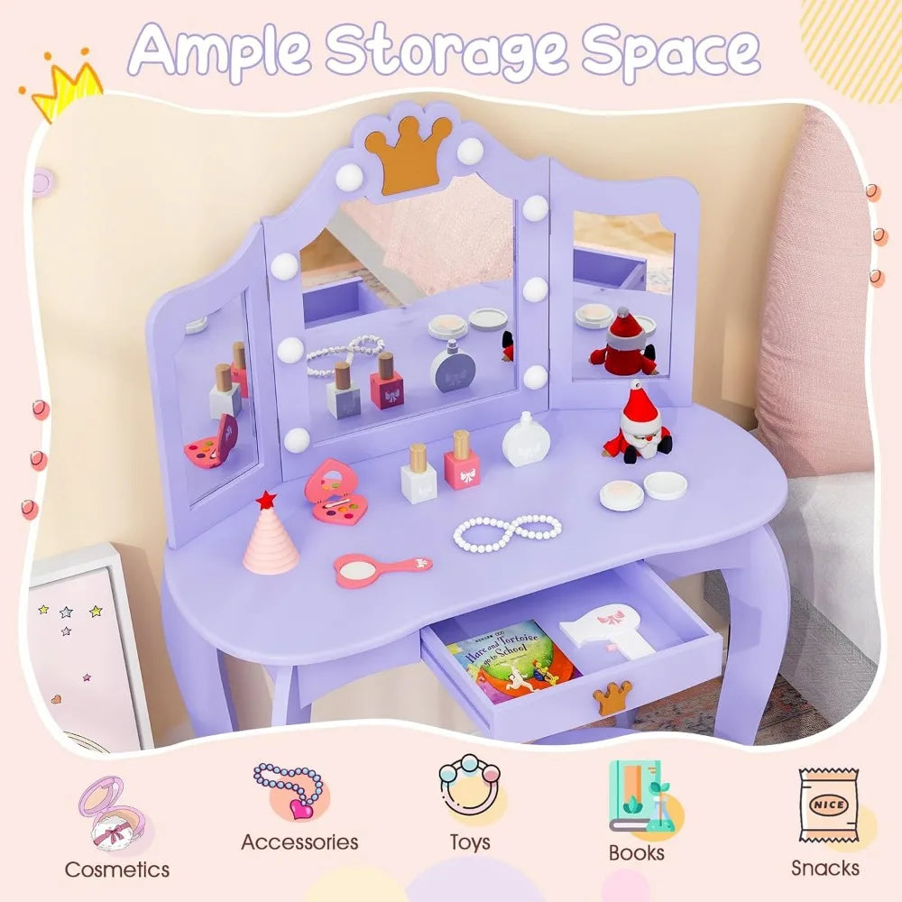 Kids Vanity with Lights Girls Makeup Desk Mirror Stool Toddler Set