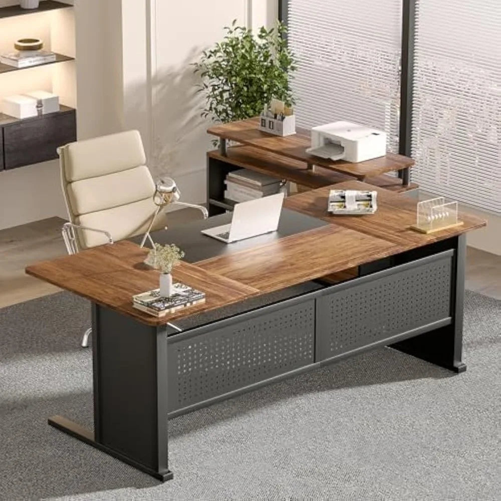 L-Shaped Executive Office Desk with File Drawer and Storage Shelves