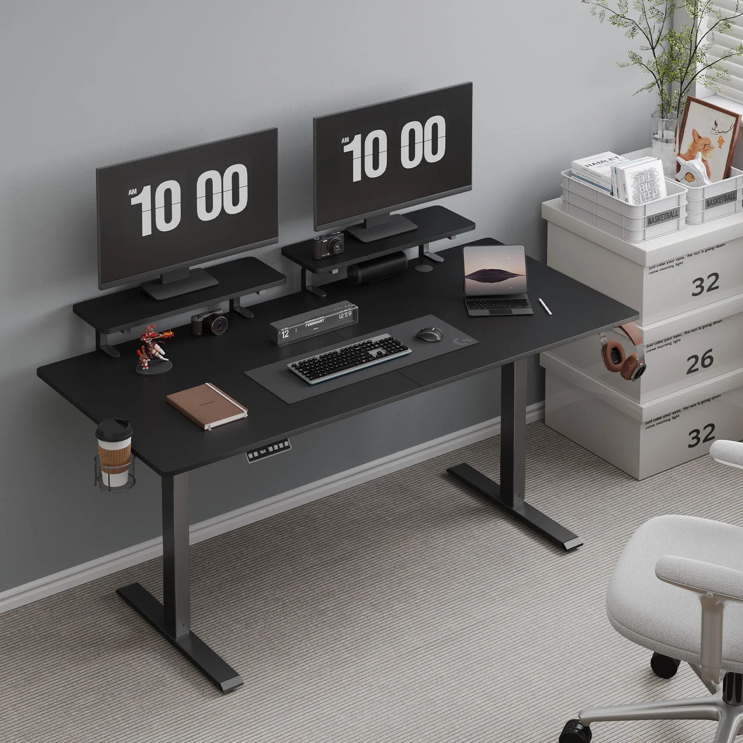 Electric Standing Desk with Adjustable Monitor Shelves and Memory Controller