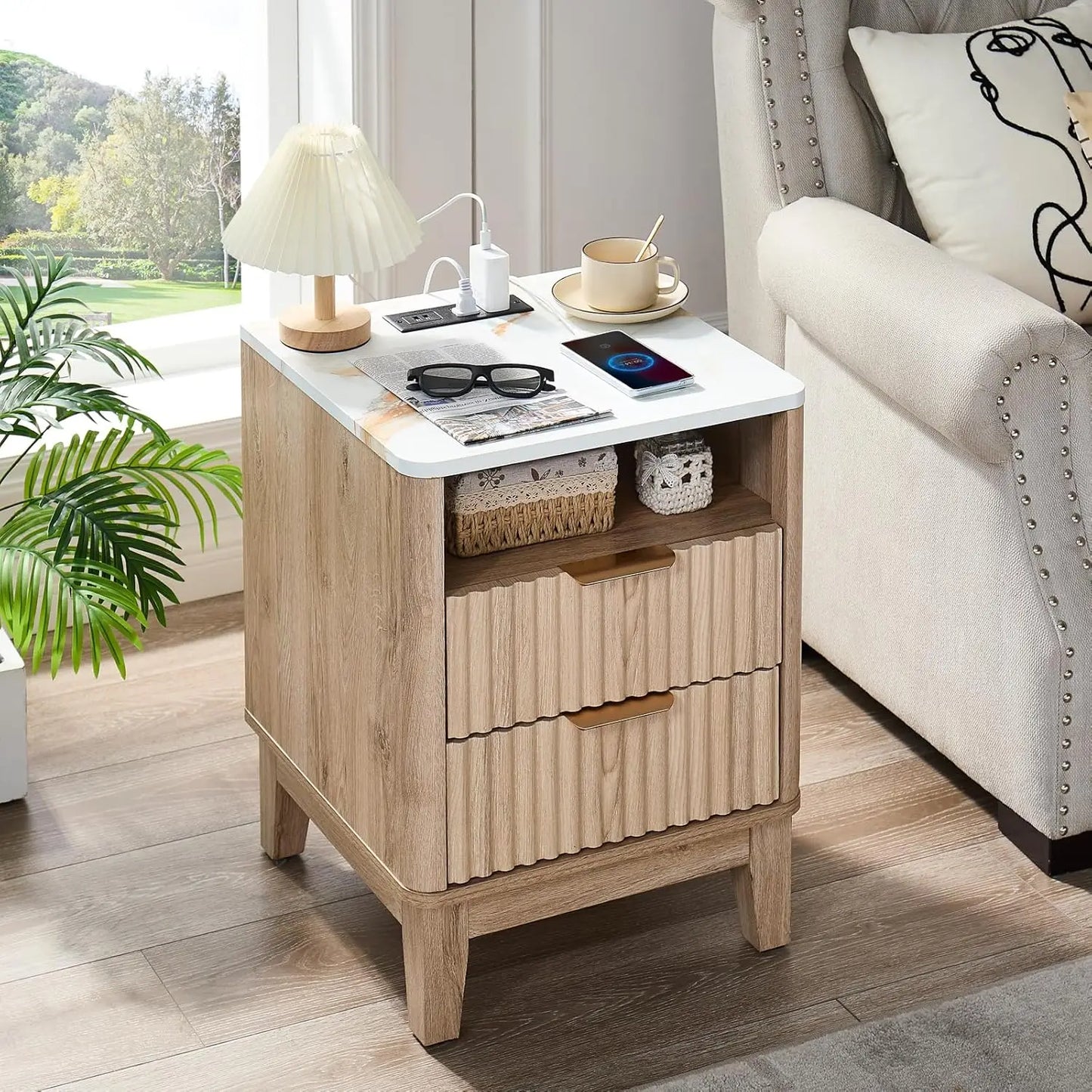 Nightstand with Charging Station 2 Drawers Farmhouse Bedside Table