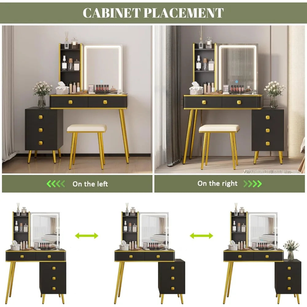 Ljustra Vanity Desk with Mirror Lights Charging Station 5 Drawers Shelves
