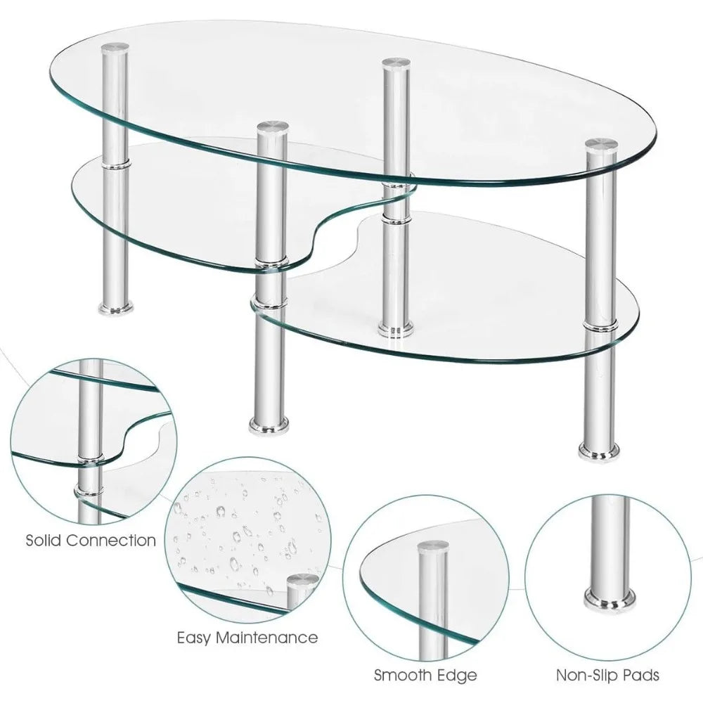 Modern Glass Coffee Table with Steel Legs 3-Tier Shelves for Living Room