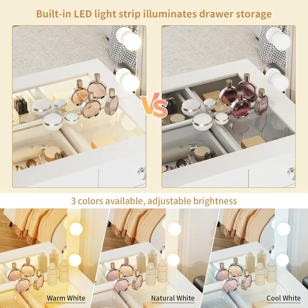 Vanity with Lighted Mirror Adjustable Brightness 11 Drawers Makeup Desk